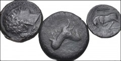 GREEK. Magna Graecia & Sicily. Lot of three (3) Syracusan bronzes. Includes: Timoleon // Agathokles // Hiketas II. Fine to VF, with patinas, the Agathokles has been heavily smoothed. LOT SOLD AS IS, N