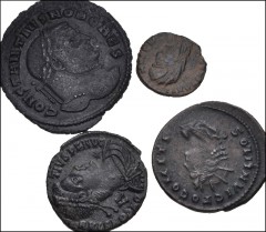 ROMAN. Imperial. Lot of four (4) late Æ. Includes: Constantius I. Æ Follis // Constantine I. Æ Follis // Divus Constantine I. Æ Reduced Follis // Constantius II. Æ. Siscia mint. Average VF, several wi