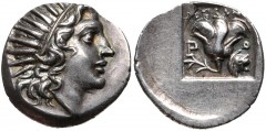 ISLANDS off CARIA, Rhodos. Rhodes. Circa 125-88 BC. AR Drachm (17mm, 3.00 g, 12h). ‘Plinthophoric’ coinage. Melantas, magistrate. Radiate head of Helios right / Rose with bud to left; ΜΕΛΑΝ[ΤΑΣ] above