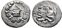 IONIA, Ephesus(?). L. Sempronius Atratinus(?). Quaestor, circa 42-40 BC(?). AR Tetradrachm (26mm, 12.27 g, 6h). Cistophoric type. Cista mystica with serpent; all within ivy wreath / Two serpents entwi