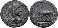 LYDIA, Magnesia ad Sipylum. Gordian III. AD 238-244. Æ (22mm, 5.57 g, 12h). Laureate, draped, and cuirassed bust right / Bull standing left. SNG Copenhagen 268 (same dies). VF, green patina, minor sur