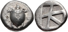 ISLANDS off ATTICA, Aegina. Circa 480-457 BC. AR Stater (21mm, 12.06 g, 6h). Sea turtle, head in profile, with ‘T-back’ design on shell / Large square incuse with skew pattern. Meadows, Aegina, Group 