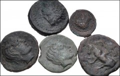 GREEK. Magna Graecia & Sicily. Lot of five (5) bronzes of Gela. Includes: Æ Trionkion. Bull standing left / Wheel with grain ears. HGC 2, 378 // Æ Trionkion. Contemporary imitation. Bull standing left
