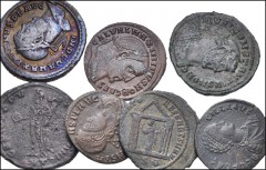 ROMAN. Imperial. Lot of seven (7) 3rd-4th century bronzes. Includes: Folles of: Maximianus // Constantius I (2 coins) // Maximinus II, Caesar // Maxentius // Æ Centenionalis of Constans // Æ of Aelia 