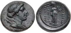 LYDIA, Philadelphia. 2nd-1st centuries BC. Æ (19mm, 6.47 g, 12h). Hermippos, son of Hermogenes, archieros. Draped bust of Artemis right, bow and quiver over shoulder / Apollo standing right, holding l