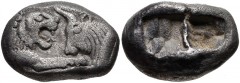 KINGS of LYDIA. Kroisos. Circa 564/53-550/39 BC. AR Half Stater (16mm, 5.14 g). Sardes mint. Confronted foreparts of lion right and bull left / Two incuse squares. Berk 23; Traité –; SNG Kayhan –; SNG