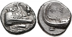 LYCIA, Phaselis. 4th century BC. AR Stater (21mm, 10.43 g, 3h). Prow of galley right, fighting platform decorated with lion at bay right; to right, owl flying upward left, wings displayed; below, dolp