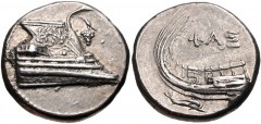 LYCIA, Phaselis. 4th century BC. AR Stater (22mm, 10.40 g, 11h). Prow of galley right, fighting platform decorated with wreath; grape bunch to right / Stern of galley left; ΦAΣ above; below, dolphin r