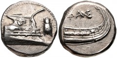 LYCIA, Phaselis. 4th century BC. AR Stater (21mm, 10.39 g, 6h). Prow of galley right, fighting platform decorated with facing gorgoneion; to right, cicada upward / Stern of galley right; ΦAΣ above. He