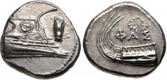 LYCIA, Phaselis. 4th century BC. AR Stater (21mm, 10.34 g, 4h). Prow of galley right, fighting platform decorated with facing gorgoneion; to right, cicada downward / Stern of galley left, with wreath 