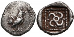 DYNASTS of LYCIA. Teththiweibi. Circa 450-430/20 BC. AR Twelfth Stater (8mm, 0.60 g). Cock standing right / Tetraskeles; TEThIWEIB around; all within pelleted linear square within incuse square. Cf. F