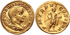 Gordian III. AD 238-244. AV Aureus (19mm, 4.35 g, 6h). Rome mint, 6th officina. 11th emission, AD 243. IMP GORDIANVS FEL AVG, Laureate, draped, and cuirassed bust right / P M TR P VI COS II P P, Gordi