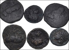 GREEK. Magna Graecia & Sicily. Lot of six (6) Gela bronzes. Includes: CNS 1 // CNS 3 // CNS 14 // CNS 56 (2 coins) // CNS 59. Fine or better, all with patinas. LOT SOLD AS IS, NO RETURNS. Six (6) coin