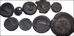 GREEK. Magna Graecia & Sicily. Lot of eight (8) Himera bronzes and one (1) silver obol. Includes: Bronzes: CNS 12 // CNS 28 // CNS 31 // CNS 34 // CNS 41 // CNS 44 (3 coins) // Silver: Obol. SNG Copen