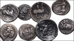GREEK. Northern Greece. Lot of eight (8) Trihemioboles and Oboles of Larissa. Includes: Trihemioboles: Head of the nymph Larissa facing slightly left, wearing ampyx and necklace / Warrior on horse rea