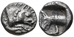 DYNASTS of LYCIA. Uncertain. 5th Century BC. AR Hemiobol(?) (6.4mm, 0.35 g, 11h). Forepart of boar right / Head and neck of hound, wearing leash, left, within incuse square. Falghera –; SNG Copenhagen