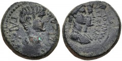 LYDIA, Philadelphia. Gaius (Caligula). AD 37-41. Æ (18mm, 4.52 g, 12h). Melanthos, priest of Germanicus. Bare head of Gaius right / Jugate laureate and draped busts of the Dioscuri right. RPC I 3018 v
