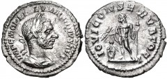 Macrinus. AD 217-218. AR Denarius (19mm, 2.24 g, 6h). Rome mint, 3rd officina. 1st emission, AD 217. Laureate and cuirassed bust right / Jupiter standing left, holding thunderbolt and scepter; to left