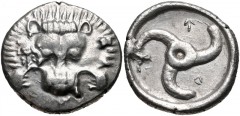DYNASTS of LYCIA. Trbbenimi. Circa 390-375 BC. AR Stater (24mm, 9.86 g). Wedrei mint. Facing lion scalp / Triskeles; [W]ED (in Lycian) around; all within incuse circle. Falghera 208 var. (T on obv.); 