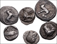 GREEK. Northern Greece. Lot of six (6) Trihemiobol, Oboles, and Hemioboles of Thessaly. Includes: KIERION. Hemiobol. HGC 4, 674; LARISSA. Trihemiobol. HGC 4, 469. Oboles. HGC 4, 477, 479, and 485; THE