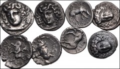 GREEK. Northern Greece. Lot of eight (8) Trihemiobols and Obols of Larissa. Includes: Trihemioboles: Head of the nymph Larissa facing slightly left, wearing ampyx and necklace / Warrior on horse reari