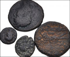 ROMAN. Provincial. Lot of four (4) Judaean-related bronzes. Includes: Herodians. Agrippa II, with Titus. Circa 50-100 CE. Æ 26mm. Caesarea Maritima mint. Dated RY 19 of the second era of Agrippa II (7