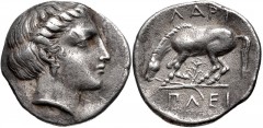 THESSALY, Larissa. Circa 370-360 BC. AR Hemidrachm (16mm, 2.92 g, 12h). Head of the nymph Larissa right, wearing earring / ΛΑΡΙ / ΠΛΕΙ, horse crouching left, preparing to roll; plant below. BCD Thessa