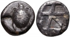 ISLANDS off ATTICA, Aegina. Circa 480-457 BC. AR Stater (19.5mm, 11.74 g, 11h). Sea turtle, head in profile, with ‘T-back’ design on shell / Large square incuse with skew pattern. Meadows, Aegina, Gro
