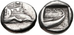 LYCIA, Phaselis. Circa 500-440 BC. AR Tetrobol (14mm, 3.37 g, 8h). Prow of galley right / Stern of galley right. Heipp-Tamer series 4, emission 2, 59 (V38/R53); SNG Berry 1199 (same dies). VF. Good me