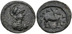 LYDIA, Hyrcanis. Pseudo-autonomous issue. 1st-2nd centuries AD. Æ (14mm, 1.44 g, 6h). Helmeted bust of Minerva right, wearing aegis / Stag standing right. SNG Copenhagen 207; Imhoof-Blumer, KM p. 174,
