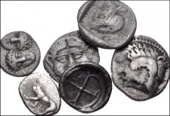 GREEK. Miscellaneous. Lot of six (6) AR fractions. Includes: Lucania, Herakleia. AR Diobol // Sicily, Syracuse. AR Obol // Thrace, Istros. AR Obol // Macedon, Neapolis. AR Obol // Sikyonia, Sikyon. AR