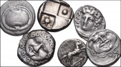 GREEK. Miscellaneous. Lot of six (6) AR fractions. Includes: Thrace, Apollonia Pontika. AR Drachm // Thrace, Cherronesos. AR Hemidrachm // Thessaly, Kierion. AR Obol // Thessaly, Larissa. AR Trihemiob