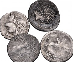 CELTIC. Lot of four (4) Imitations of Roman Republican AR Denarii. All coins: Eastern Europe, Imitations of Roman Republican. Geto-Dacians. AR Denarii (4 coins). Average Fine, toned, some roughness an