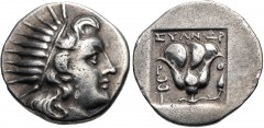 ISLANDS off CARIA, Rhodos. Rhodes. Circa 150-125 BC. AR Drachm (15mm, 2.94 g, 12h). ‘Plinthophoric’ coinage. Euanor, magistrate. Radiate head of Helios right / Rose with bud to right; EYANΩP above, ke