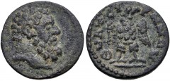 LYDIA, Thyateira. Pseudo-autonomous issue. 2nd-3rd centuries AD. Æ (14mm, 1.46 g, 6h). Head of Herakles right / Eagle standing facing, head right, with wings spread. SNG Munich 581; SNG Copenhagen 585
