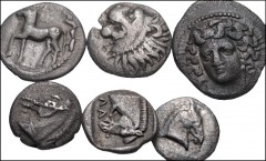 GREEK. Northern Greece. Lot of six (6) Trihemiobol, Oboles, and Hemiobol of Thessaly. Includes: HERAKLEIA TRACHINIA. Obol. HGC 4, 107; LARISSA. Trihemiobol. HGC 4, 475. Oboles. HGC 4, 479 and 483; THE