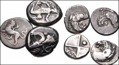 GREEK. Miscellaneous. Lot of seven (7) silver fractions. Includes: Thrace, Cherronesos. AR Hemidrachm (4 coins) // Sikyonia, Sikyon. AR Hemidrachm // Persia, Achaemenid Empire. AR Siglos (2 coins). Av