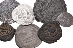 ISLAMIC. Miscellaneous. Lot of seven (7) AR, BI, and Æ. Includes: Mostly Mamluk issues with one each of Balog 19, 244, 338 and 849 (4 coins total). Lot also includes an ‘Abbasid dirham of al-Hadi (Alb