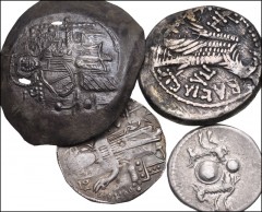 MIXED. Lot of four (4) Greek, Roman, and Byzantine AR & Billon issues. Includes: Ptolemaic Kings of Egypt. Ptolemy X Alexander. AR Tetradrachm // Roman Imperial. Divus Vespasian. AR Denarius // Byzant