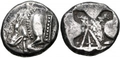LYCIA, Uncertain. Circa 520-470/60 BC. AR Stater (19mm, 9.28 g). Predynastic period. Forepart of boar left / Square incuse (in the shape of an X) with wedge-shaped raised projections on three sides; o
