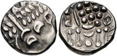 CELTIC, Durotriges. Uninscribed. Circa 65 BC-AD 45. AR Stater (18mm, 5.87 g, 5h). Durotrigan E, Abstract (Cranborne Chase) type. Devolved head of Apollo right / Disjointed horse left; pellets above, p