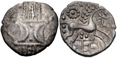 CELTIC, Iceni. Antedios. Circa AD 10-30(?). AR Unit (13.5mm, 1.20 g). Antedi E (Icenian G) type. Two opposed crescents with pellets between, superimposed upon band of three lines surrounded by two lin