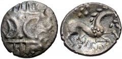 CELTIC, Iceni. Aesu. Circa AD 30-43(?). AR Unit (12.5mm, 1.25 g). Aesu (Icenian N) type. Two opposed crescents with pellets between, superimposed upon band of three lines surrounded by two lines of pe
