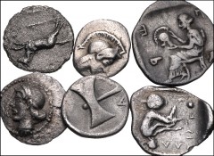 GREEK. Northern Greece. Lot of six (6) Trihemiobol, Oboles, and Hemiobol of Thessaly. Includes: KIERION. Obol. HGC 4, 673; LARISSA. Oboles. HGC 4, 404 and 491; PERRHAIBOI. Trihemiobol. HGC 4, 144. Hem