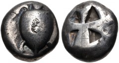 ISLANDS off ATTICA, Aegina. Circa 525-480 BC. AR Stater (16.5mm, 12.15 g). Sea turtle; two counterstamps, one with AA in circular incuse, the other an uncertain type in circular incuse / Incuse square