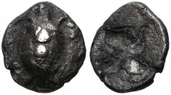 ISLANDS off ATTICA, Aegina. Circa 525-480 BC. AR Hemiobol (8mm, 0.65 g). Sea turtle / Incuse square with mill-sail pattern. Meadows, Aegina, Group IIb; HGC 6, –. VF, toned, rough. Very rare fraction.