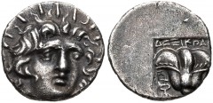 ISLANDS off CARIA, Rhodos. Rhodes. Circa 170-150 BC. AR Hemidrachm (12mm, 1.40 g, 12h). ‘Plinthophoric’ coinage. Dexikrates, magistrate. Radiate head of Helios facing slightly right / Rose with bud to