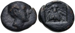 LYCIA, Telmessos. 2nd-1st centuries BC. Æ (11mm, 1.46 g, 12h). Head of Hermes right, wearing petasos / Bee within incuse square. SNG Copenhagen 135. VF, dark green patina, light cleaning marks. Rare. 
