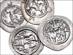 CENTRAL ASIAN. Sasanian & Related. Lot of four (4) AR drachms. All coins: Husrav (Khosrau) I. Includes the following mints and RY dates: GW mint. RY 39 // HWC mint. RY 26 // MY mint. RY 30 // PL mint.