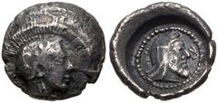 DYNASTS of LYCIA. Kherei. Circa 410-390 BC. AR Twelfth Stater – Obol (9mm, 0.49 g, 1h). Uncertain mint. Head of Athena right, wearing crested Attic helmet / Bearded head right, wearing kyrbasia; monog